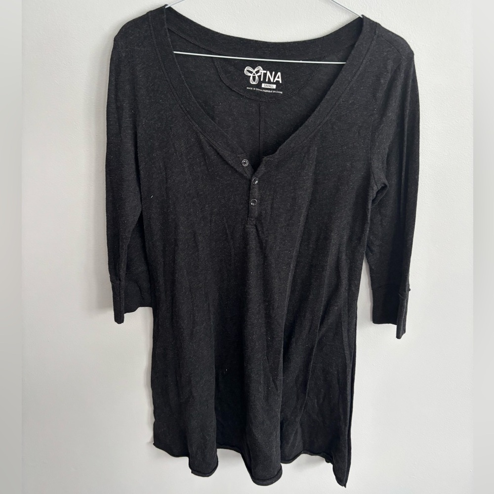 TNA Black Henley 3/4 Long Sleeve V-neck Button Top Size Small